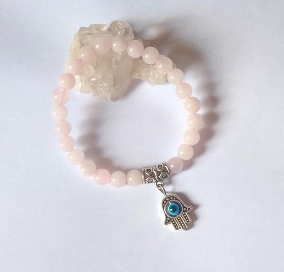 Pulseira Ajustável Quartzo Rosa Mão de Fátima e Olho Grego