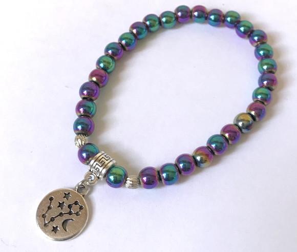 Pulseira Hematita Irisada Pingente Mapa Signos Zodiaco