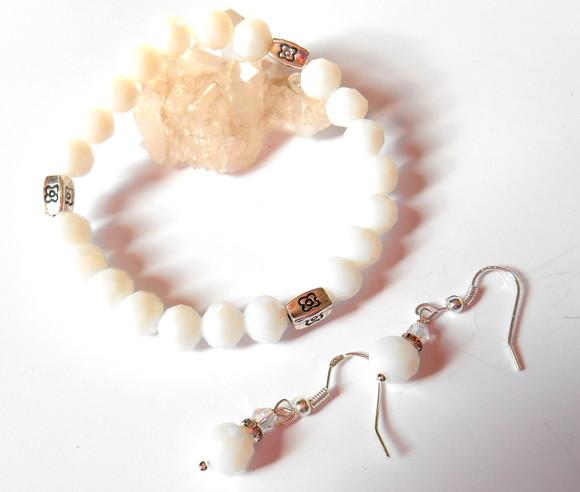 Conjunto Pulseira e Brincos Cristal Branco Facetado