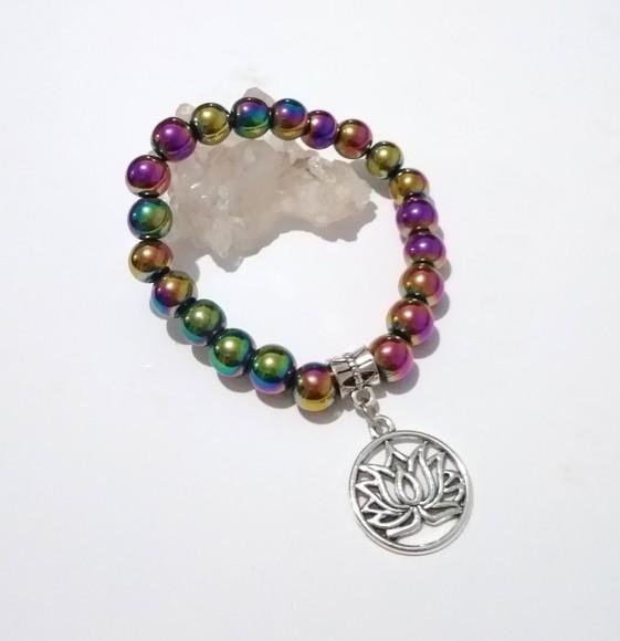 Pulseira Japamala com Hematitas e Pingente Flor de Lótus