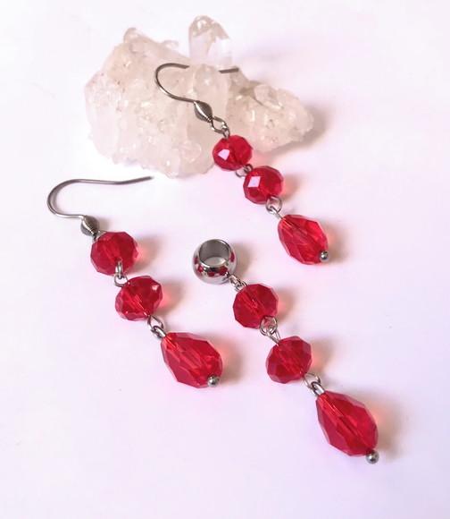 Conjunto Brinco e Pingente Cristal Vermelho e Aço Inox