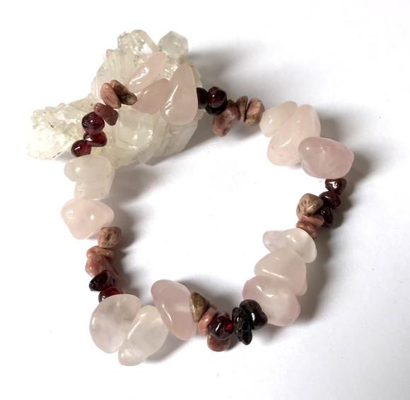Pulseira Quartzo Rosa, Rodonita e Granada Amor e Paixão