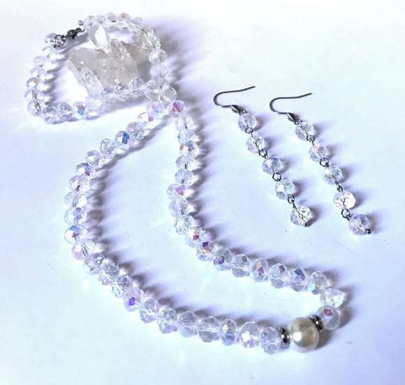 Conjunto Colar e Brincos Cristal Facetado Ab e Aço Inox