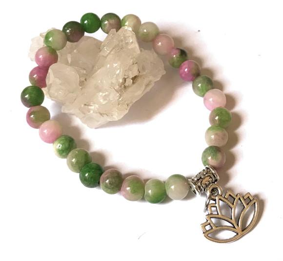 Pulseira Japamala 27 Contas Jade Colorida e Flor de Lotus