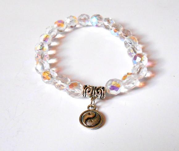 Pulseira Ajustavel Cristal Theco 21 Contas Simbolo Yin Yang
