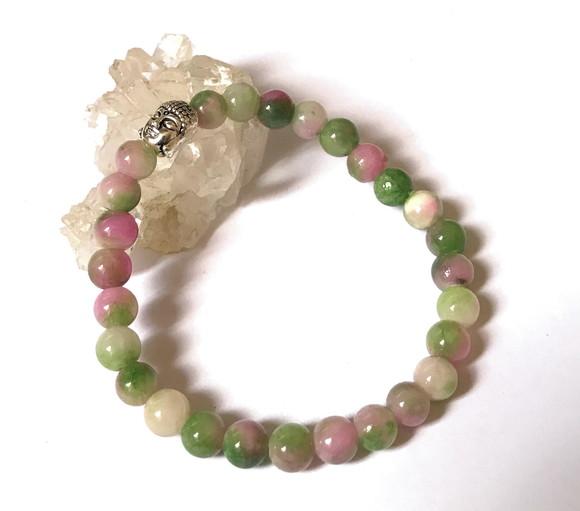 Pulseira Japamala 27 Contas Jade Colorida e Buda Prateado