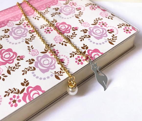Marcador de Paginas Corrente com Gato e Perola com Cristal