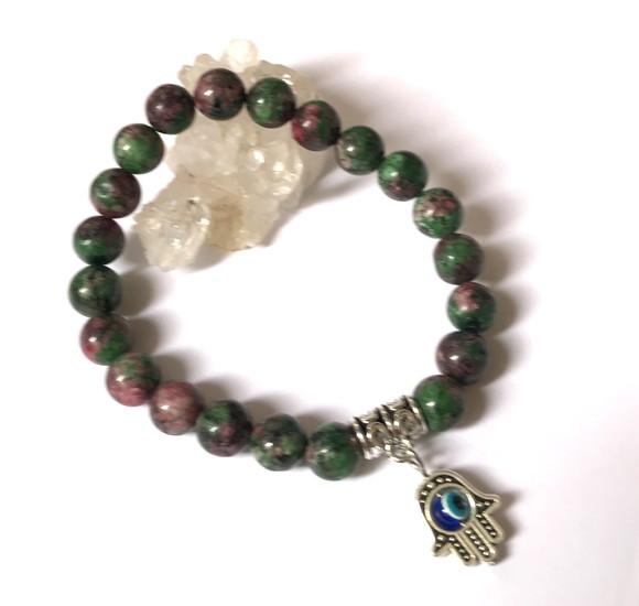 Pulseira Japamala com Rubi Zoizita e Mão de Fátima