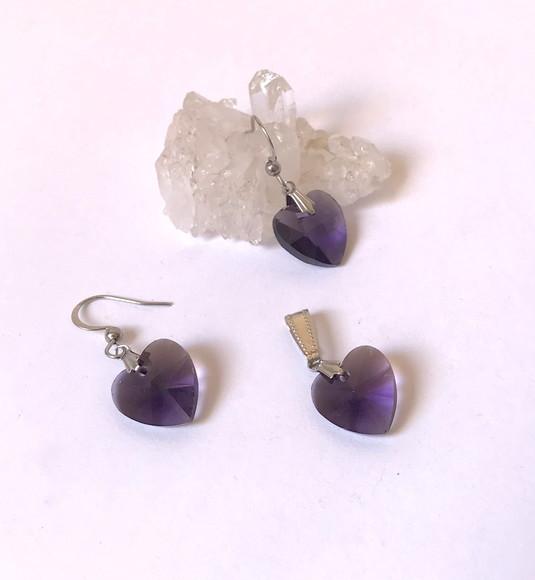 Conjunto Brinco e Pingente Coração Cristal Roxo e Aço Inox