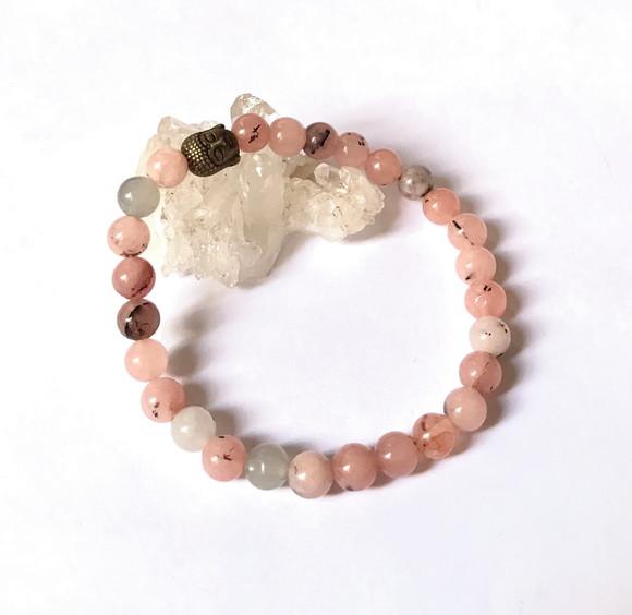 Pulseira Japamala 27 Contas Opala Rosa e Meru Buda Bronze