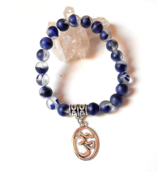 Pulseira Cristal theco 21 contas azul escuro e simbolo OM