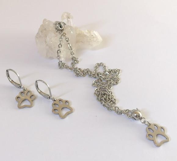 Conjunto Brincos e Corrente com Pingente Aço Inox Patinhas
