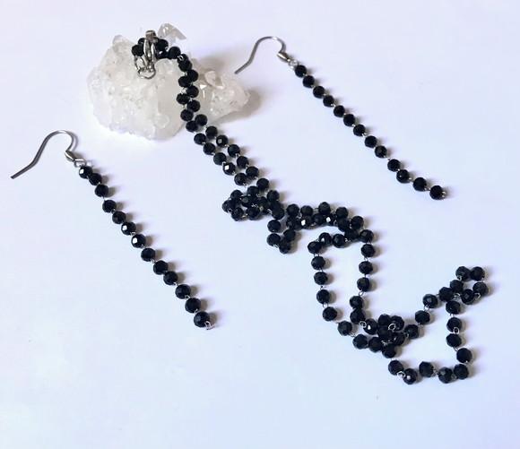 Colar com Cristal Negro e Brincos Acabamento em Inox