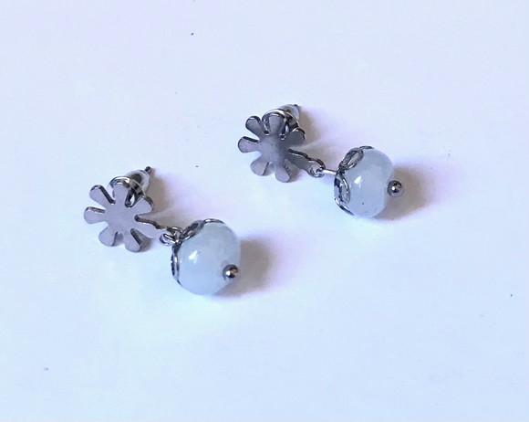 Brinco Pino Forma Flor Aço Inox com Agua Marinha Rondell