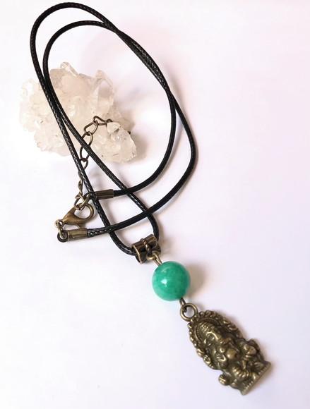 Cordão Colar com Jade Verde e Ganesha Ouro Velho