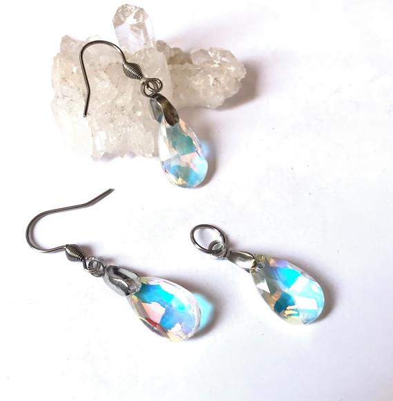 Conjunto Brinco e Pingente Aço Inoxidavel e Gota Cristal