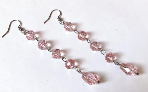 Brinco Cristal Rosa Facetado e Gota e Acabamento em Inox