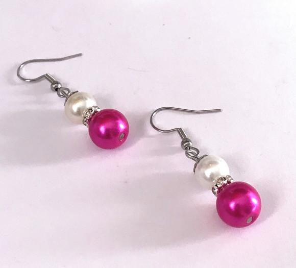 Brinco Pérola Branca e Pink com Cristale Gancho Aço Inox