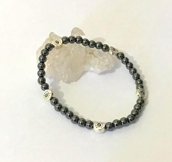 Pulseira Ajustavel com Hematita e Olho Grego