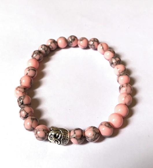 Pulseira Japamala 27 Contas Howlita Rosa e Buda Prateado