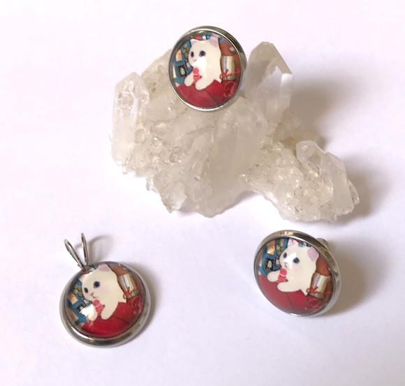Conjunto Brinco e Pingente Aço Inox com Cabochão Gato