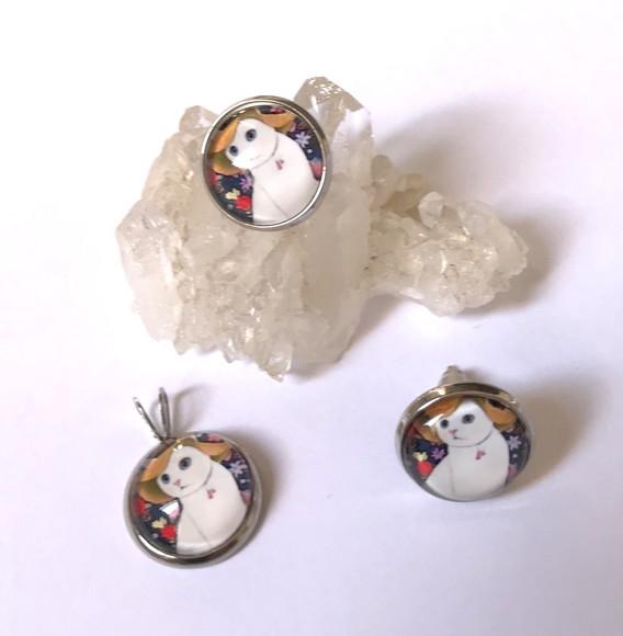 Conjunto Brinco e Pingente Aço Inox com Cabochão Gato