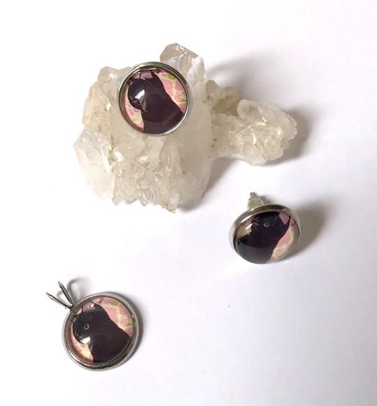Conjunto Brinco e Pingente Aço Inox com Cabochão Gato