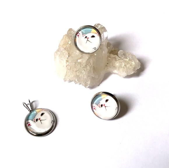 Conjunto Brinco e Pingente Aço Inox com Cabochão Gato