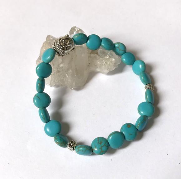 Pulseira Japamala com Turquesa Moeda e Buda Prateado