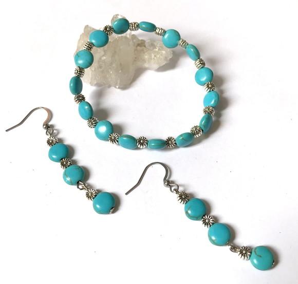 Conjunto Pulseira com Turquesa Moeda e Brincos