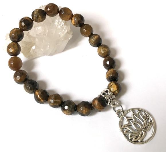 Pulseira Japamala Olho de Tigre Facetada e Flor de Lotus