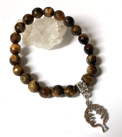 Pulseira Japamala Olho de Tigre Facetada e Arvore da Vida
