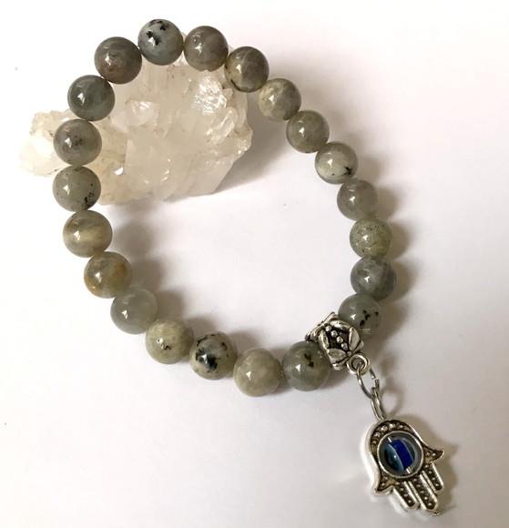 Pulseira Japamala com Labradorita 21 Contas e Mão de Fatima