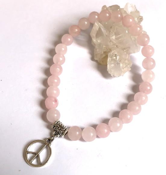 Pulseira Japamala 27 Contas Quartzo Rosa e Simbolo da Paz