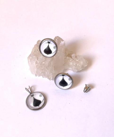 Conjunto Brincos Pino e Pingente Gato em Aço Inox