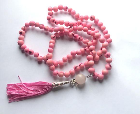 Japamala Colar 108 Contas Açai Rosa e Quartzo Rosa Esfera