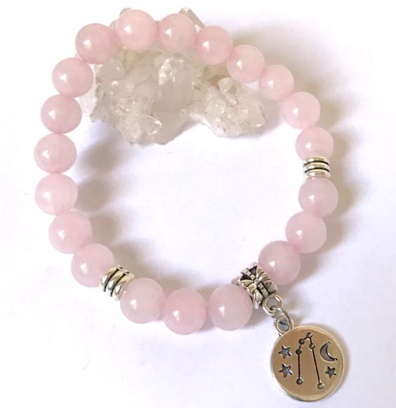 Pulseira Quartzo Rosa Pingente Mapa Signos Zodiaco