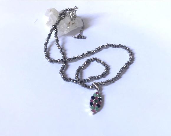 Choker Cristal Prata Ab 2 mm e Pingente Oval com Multi Gemas