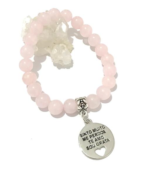 Pulseira Japamala 21 contas quartzo rosa pingente ho'oponopo
