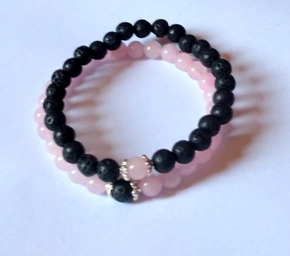 Pulseira Japamala Quartzo Rosa Lava Vulcanica Kit com 2