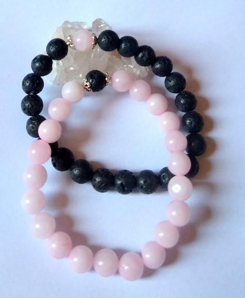Pulseira Japamala quartzo rosa lava vulcanica kit com 2