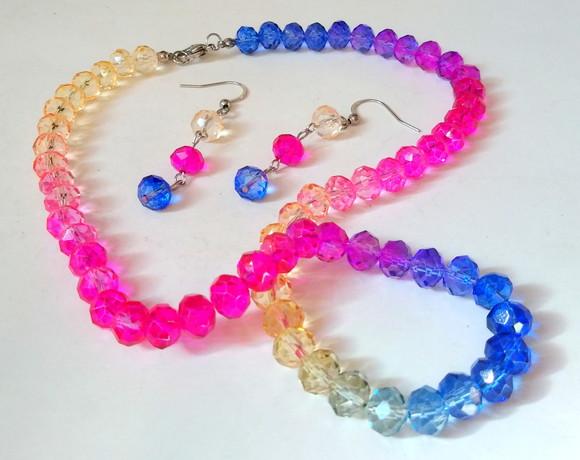 Conjunto Colar e Brincos Cristal Facetado Colorido Aço Inox