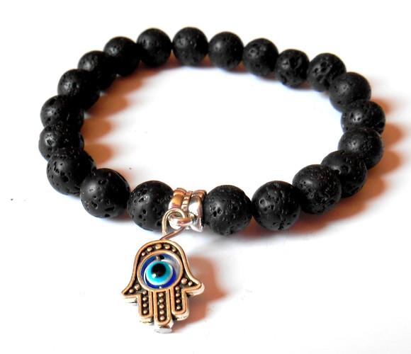 Pulseira Ajustável Lava Vulcânica Mão de Fátima e Olho Grego