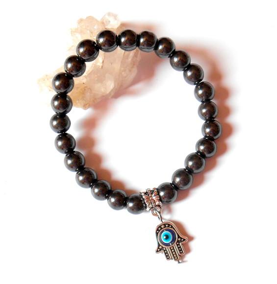 Pulseira Ajustável Hematitas com Mão de Fátima e Olho Grego