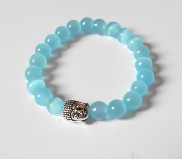 Pulseira Japamala 21 Contas Olho de Gato Azul e Buda