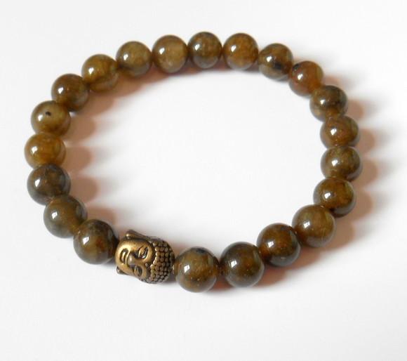 Pulseira Japamala com Labradorita Verde 21 Contas Buda Bronz