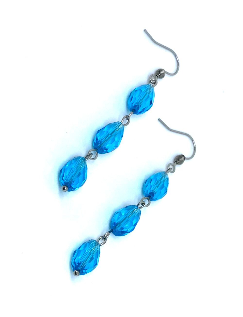 Brinco Cristal Azul Facetado em Gota e Acabamento em Inox