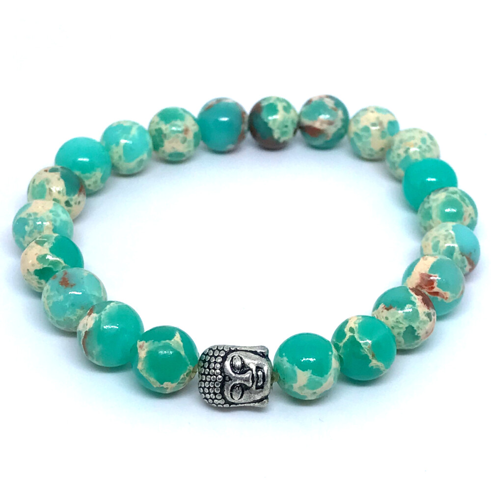Pulseira em pedras Jaspe Imperial Verde agua e Buda