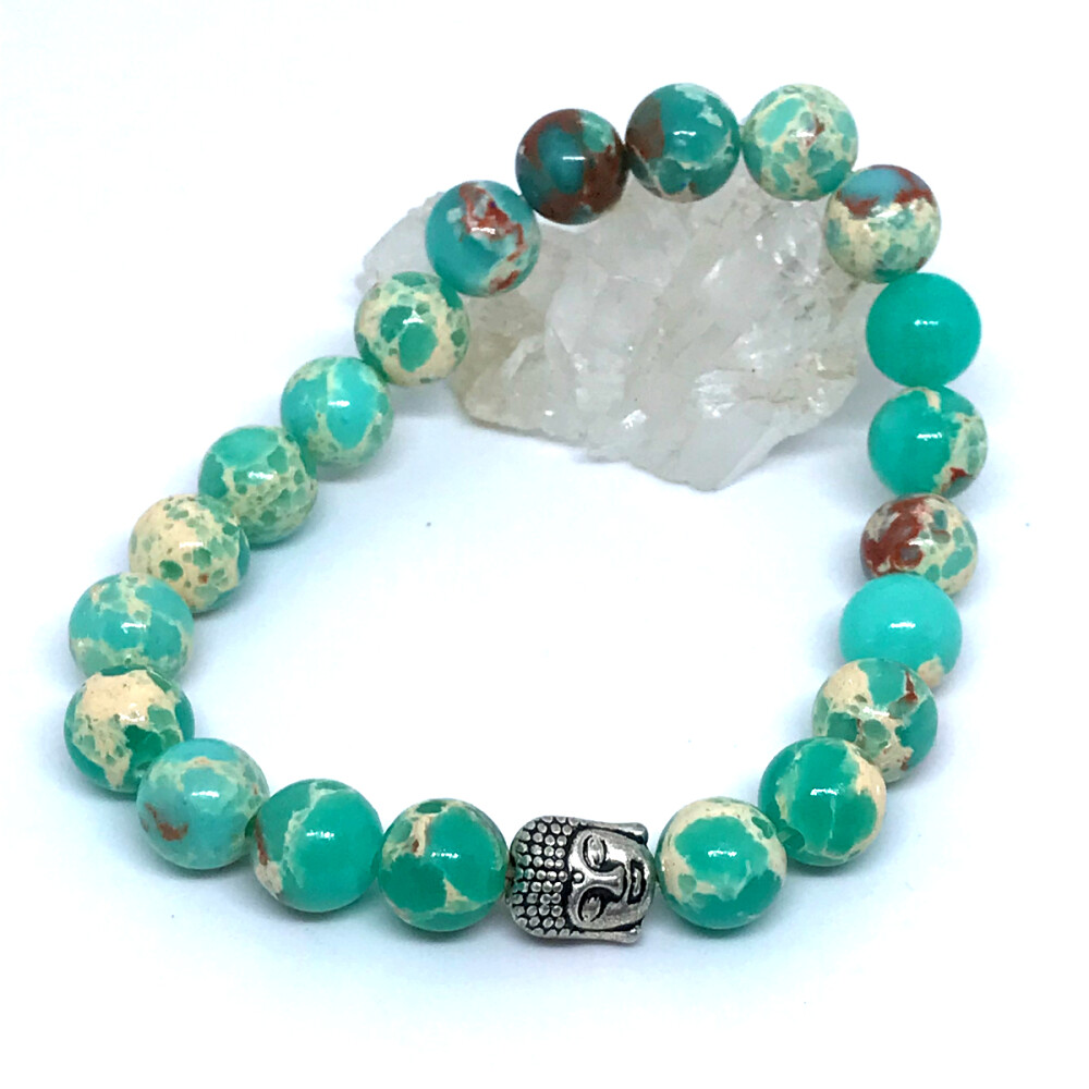 Pulseira em pedras Jaspe Imperial Verde agua e Buda