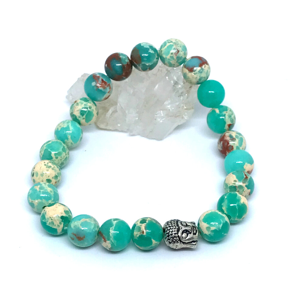 Pulseira em pedras Jaspe Imperial Verde agua e Buda